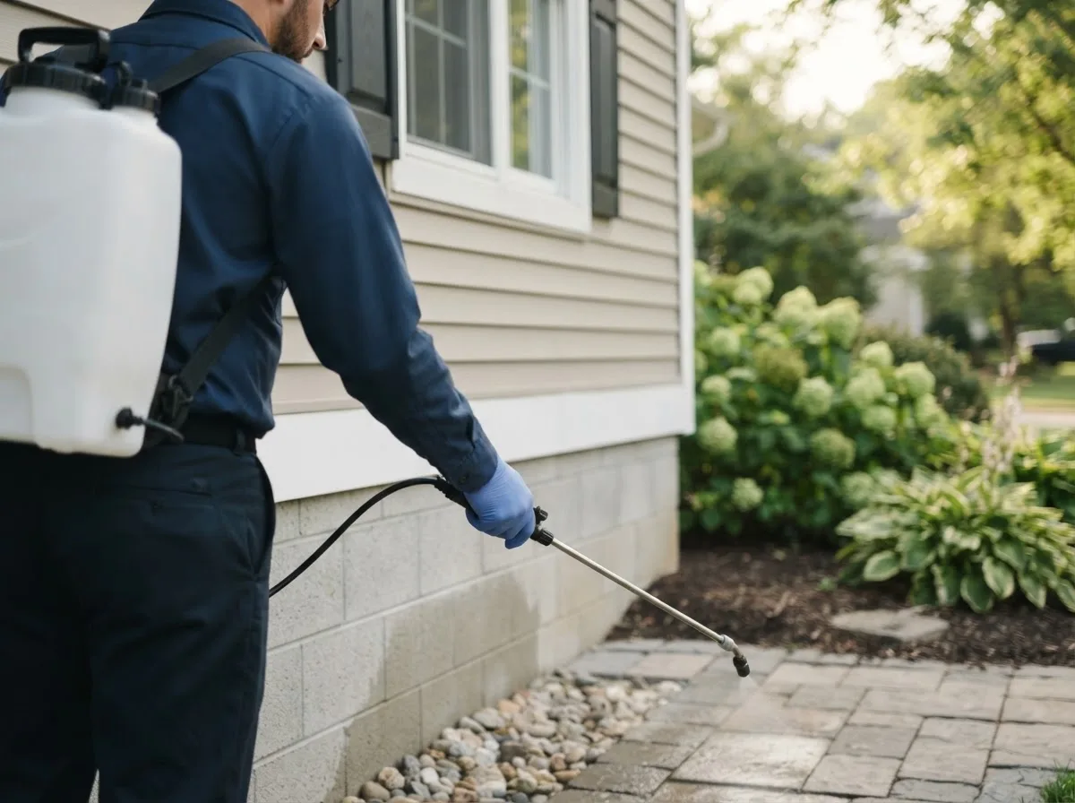 Pest control technician inspecting a home in Nunica, MI